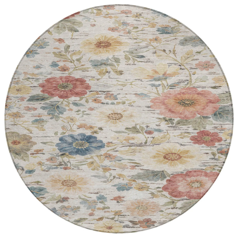 8' Ivory And Silver Round Floral Washable Indoor Outdoor Area Rug Homeroots Outdoor