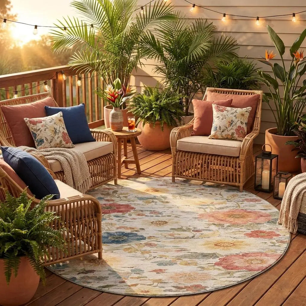 8' Ivory And Silver Round Floral Washable Indoor Outdoor Area Rug Homeroots Outdoor