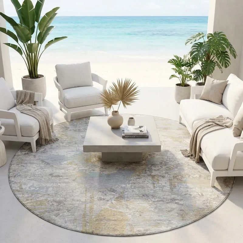 8' Ivory And Silver Round Floral Washable Indoor Outdoor Area Rug Homeroots Outdoor