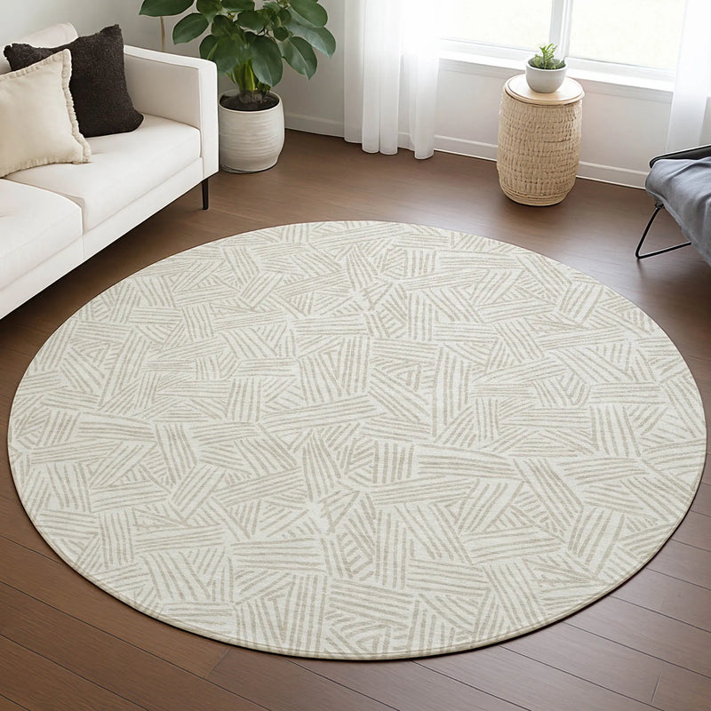 8' Ivory And Silver Round Geometric Washable Indoor Outdoor Area Rug Homeroots Outdoor