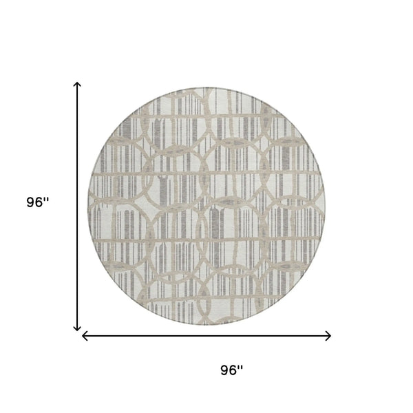 8' Ivory And Silver Round Geometric Washable Indoor Outdoor Area Rug Homeroots Outdoor