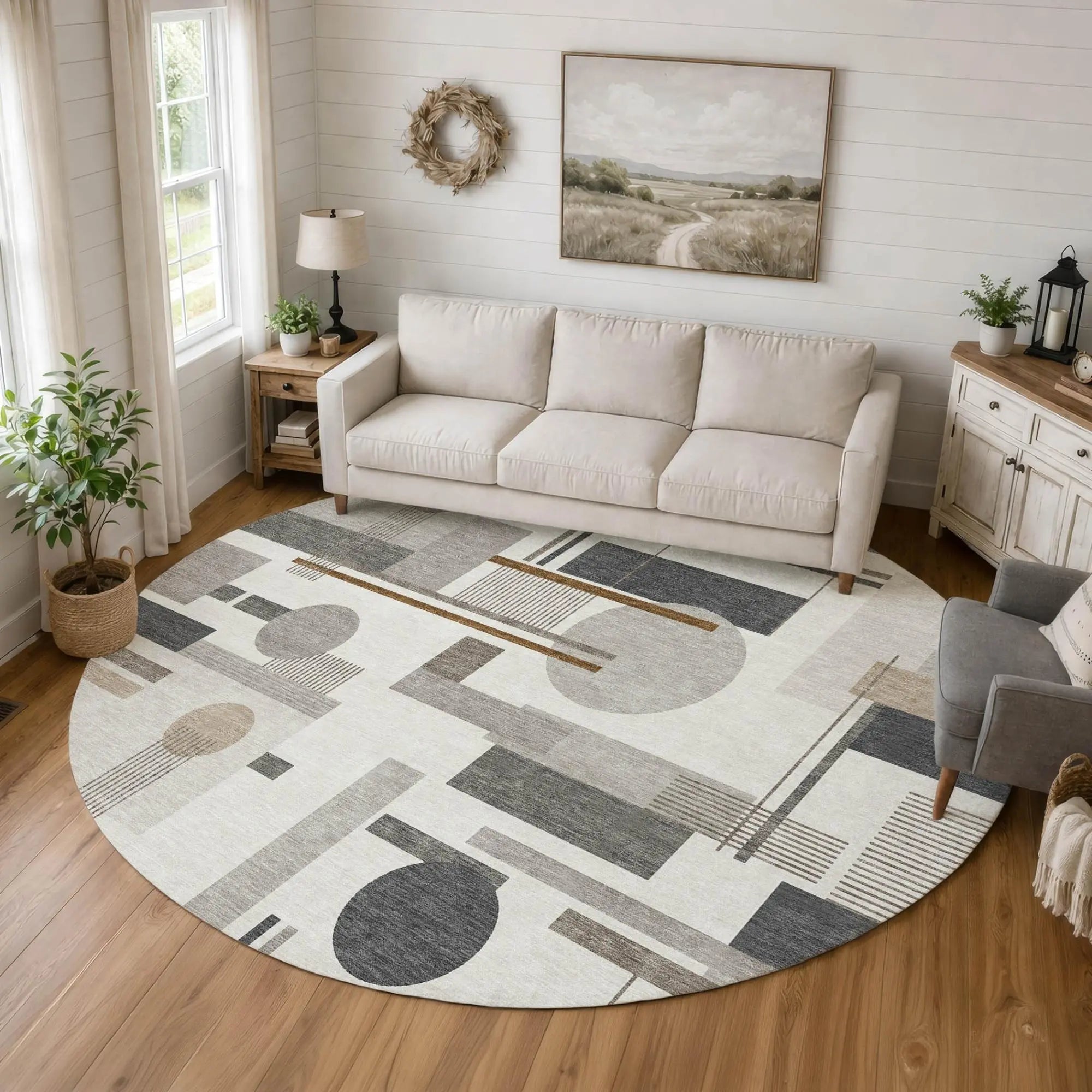 8' Ivory And Silver Round Geometric Washable Indoor Outdoor Area Rug Homeroots Outdoor