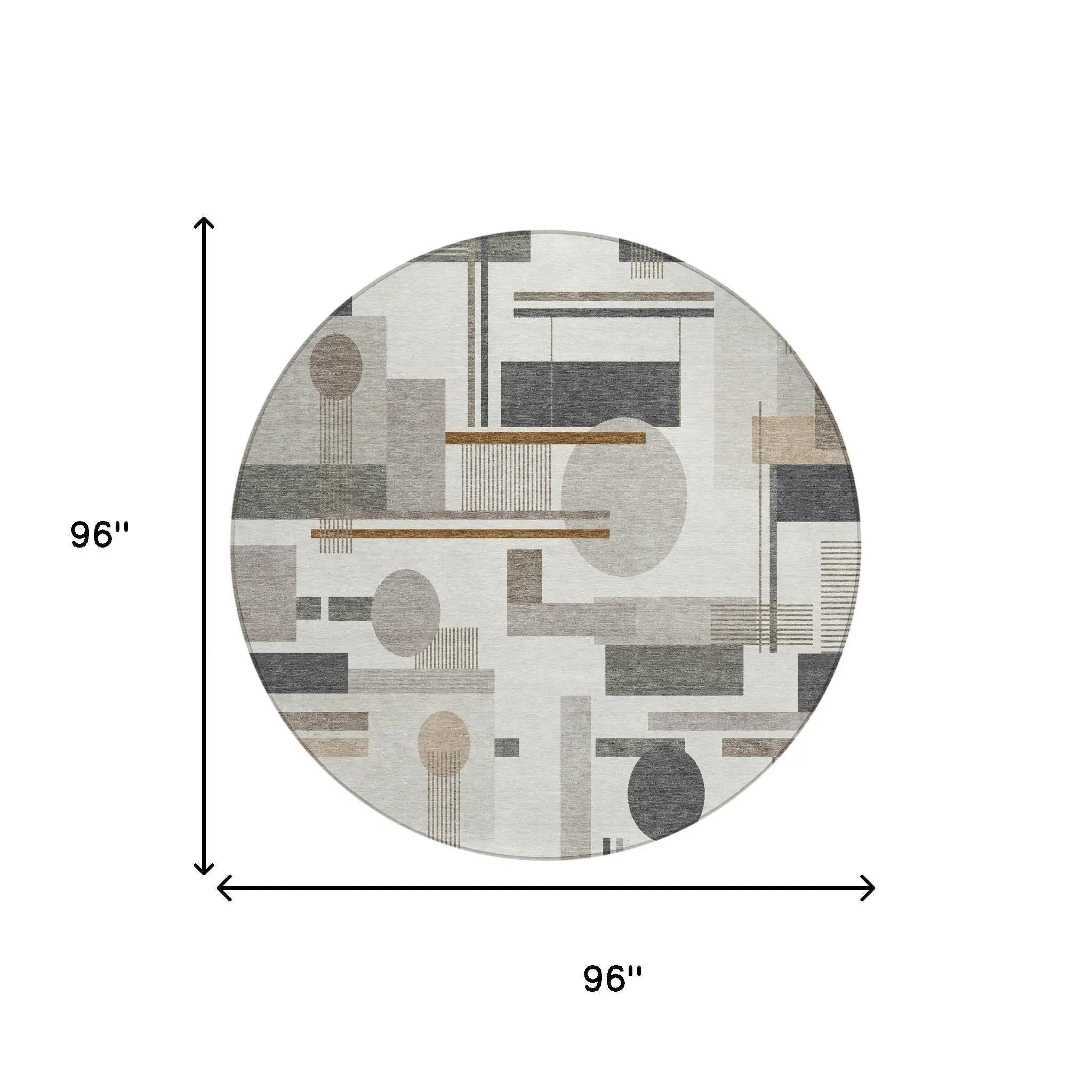 8' Ivory And Silver Round Geometric Washable Indoor Outdoor Area Rug Homeroots Outdoor