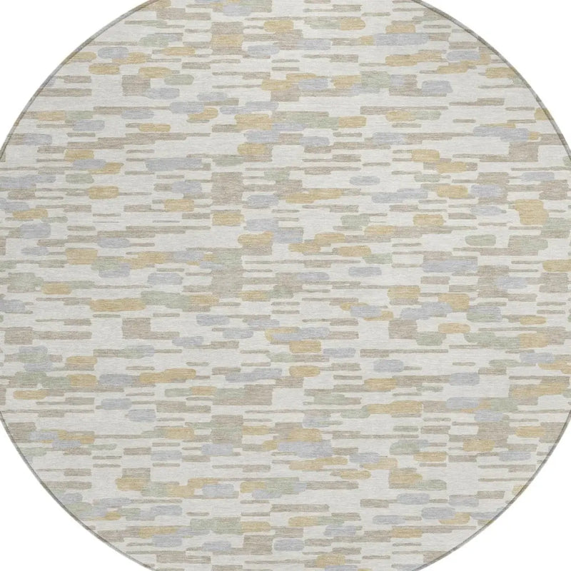 8' Ivory And Silver Round Geometric Washable Indoor Outdoor Area Rug Homeroots Outdoor
