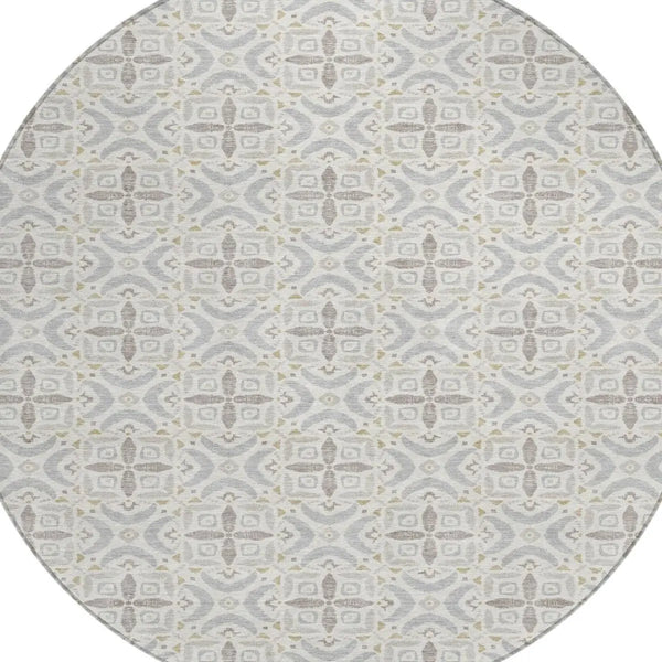 8' Ivory And Silver Round Geometric Washable Indoor Outdoor Area Rug Homeroots Outdoor