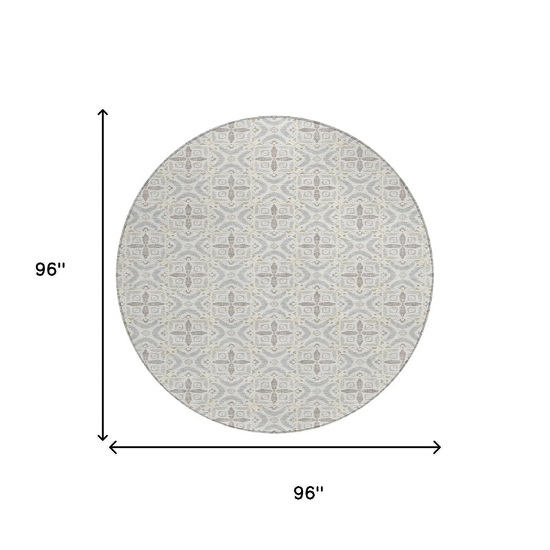 8' Ivory And Silver Round Geometric Washable Indoor Outdoor Area Rug Homeroots Outdoor