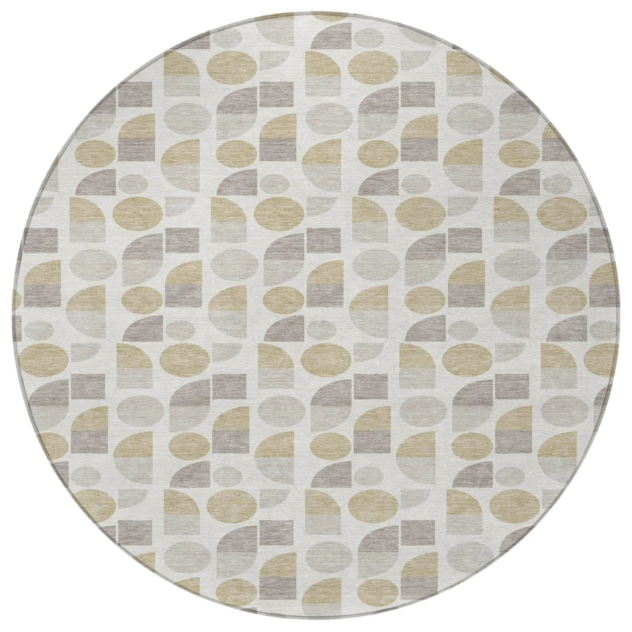 8' Ivory And Silver Round Geometric Washable Indoor Outdoor Area Rug Homeroots Outdoor