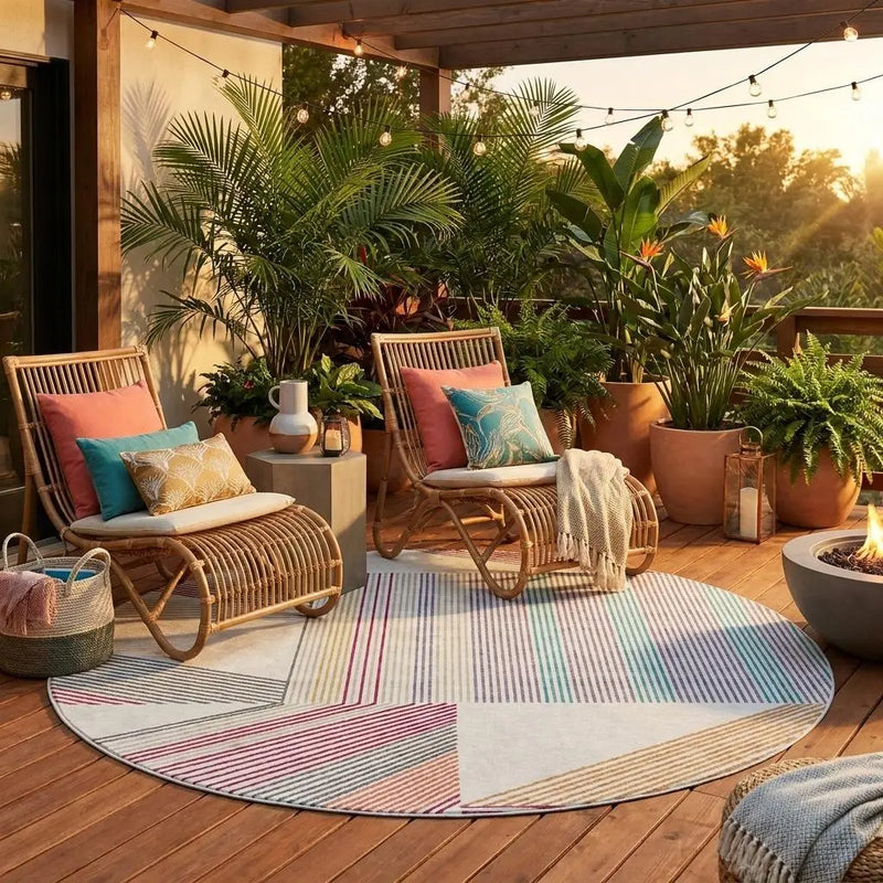 8' Ivory And Silver Round Geometric Washable Indoor Outdoor Area Rug Homeroots Outdoor