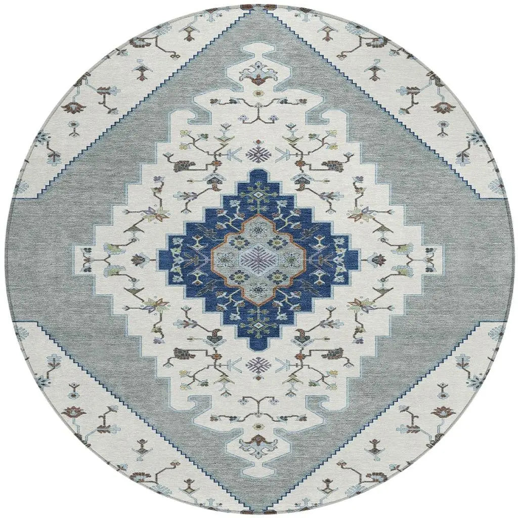 8' Ivory And Silver Round Geometric Washable Indoor Outdoor Area Rug Homeroots Outdoor