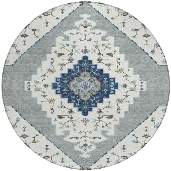 8' Ivory And Silver Round Geometric Washable Indoor Outdoor Area Rug Homeroots Outdoor