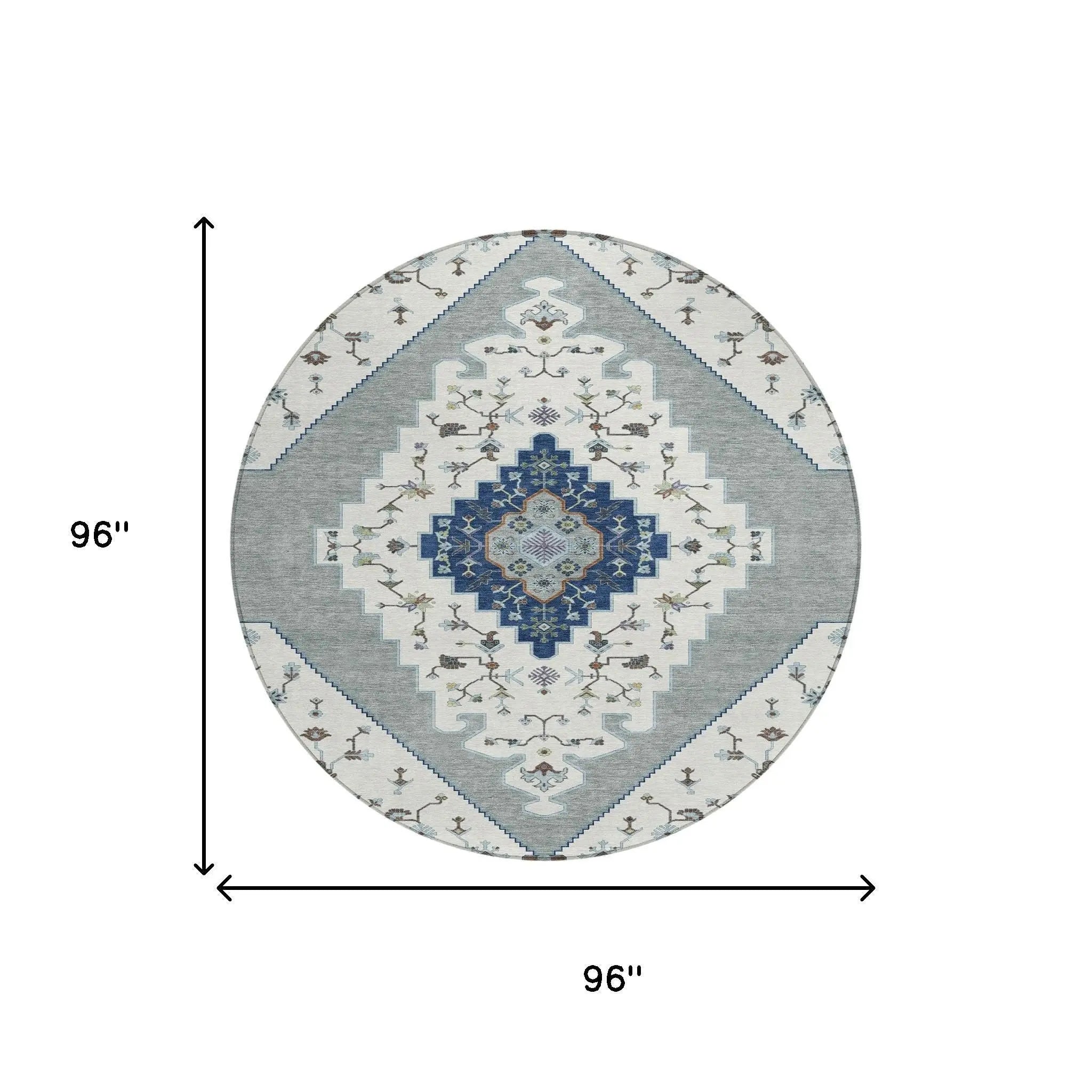 8' Ivory And Silver Round Geometric Washable Indoor Outdoor Area Rug Homeroots Outdoor