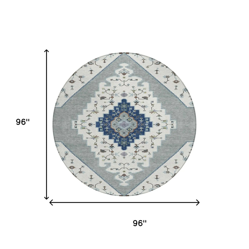 8' Ivory And Silver Round Geometric Washable Indoor Outdoor Area Rug Homeroots Outdoor