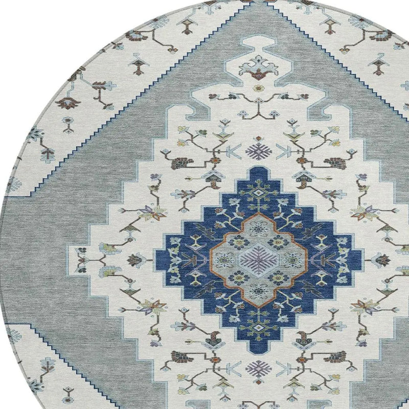 8' Ivory And Silver Round Geometric Washable Indoor Outdoor Area Rug Homeroots Outdoor