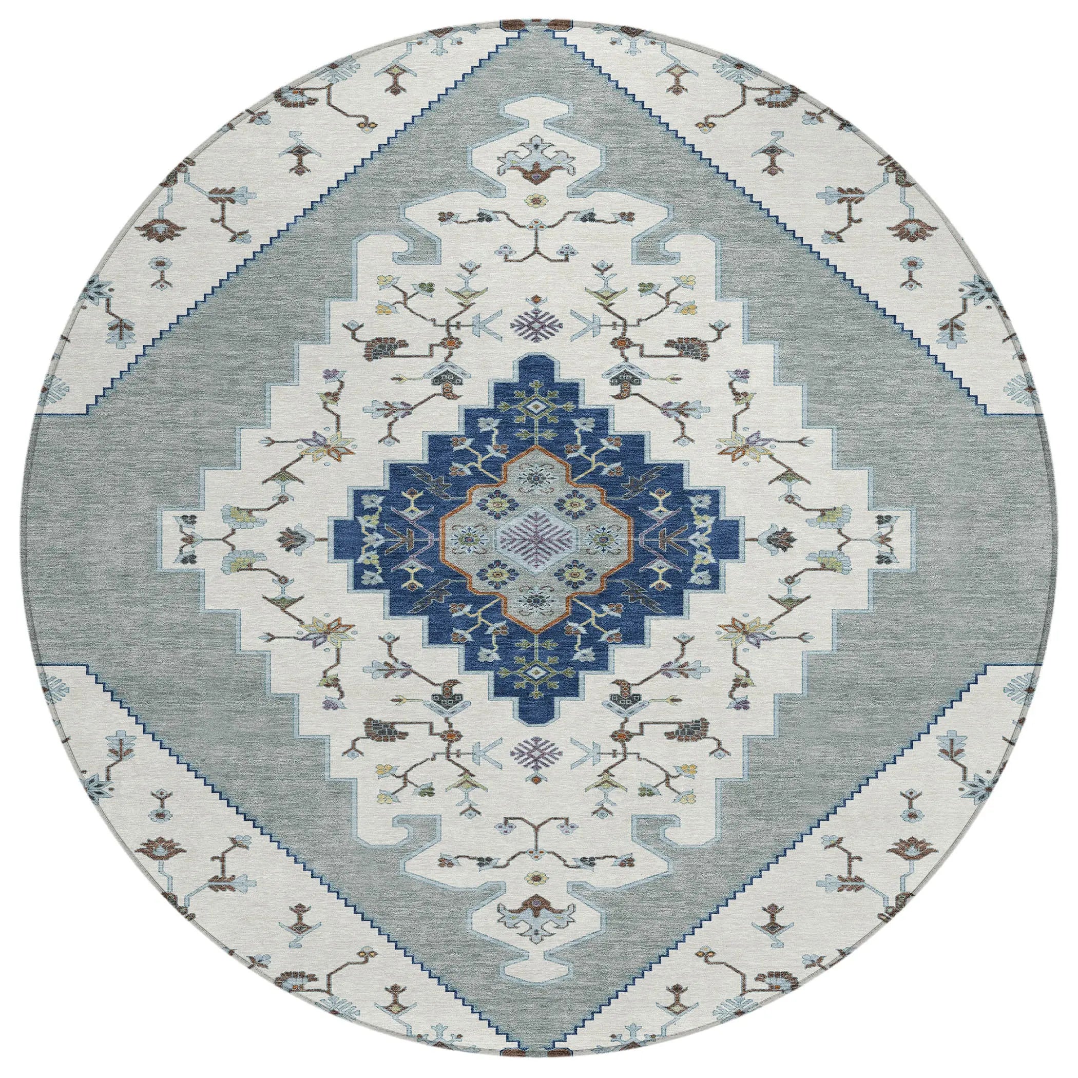 8' Ivory And Silver Round Geometric Washable Indoor Outdoor Area Rug Homeroots Outdoor