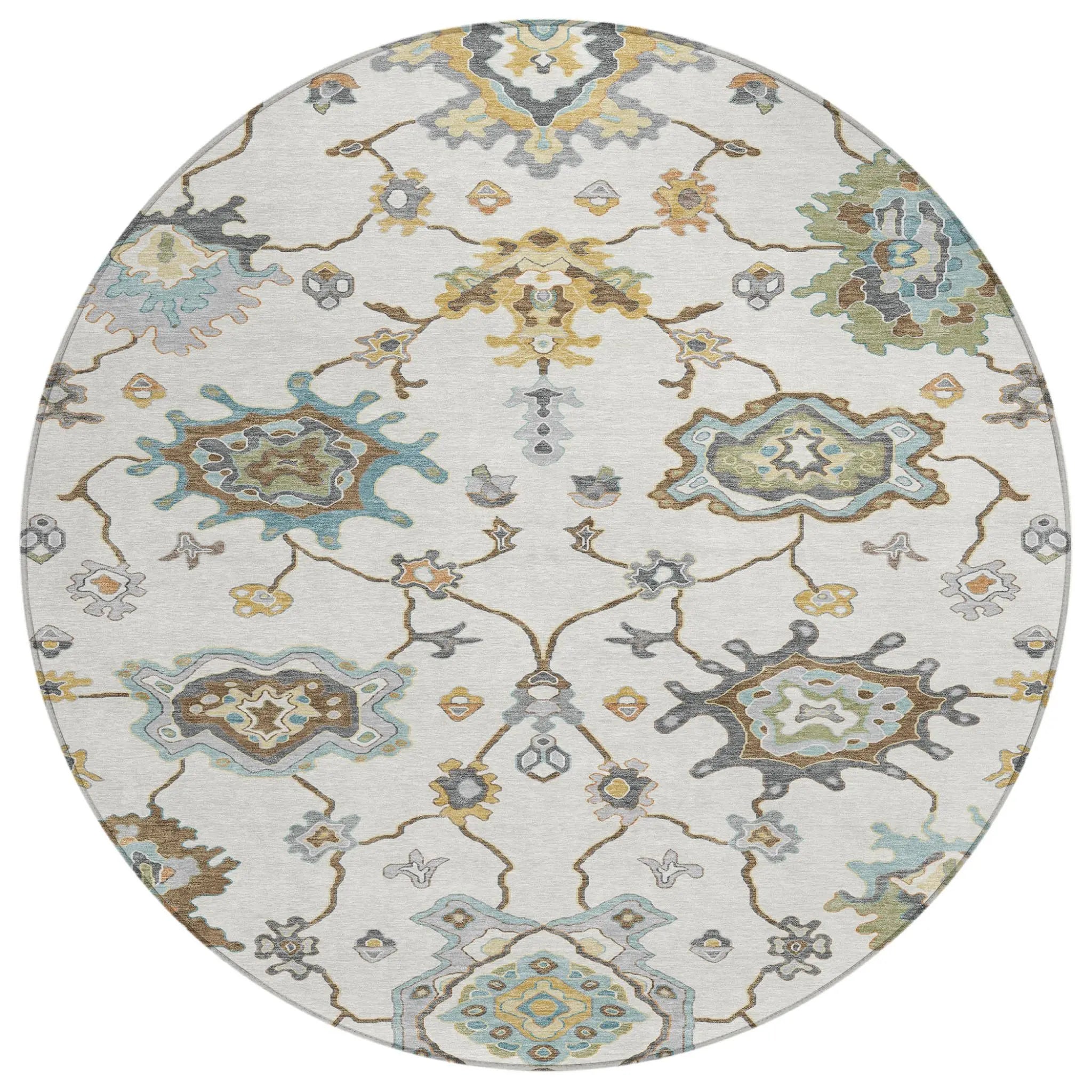 8' Ivory And Silver Round Oriental Washable Indoor Outdoor Area Rug Homeroots Outdoor