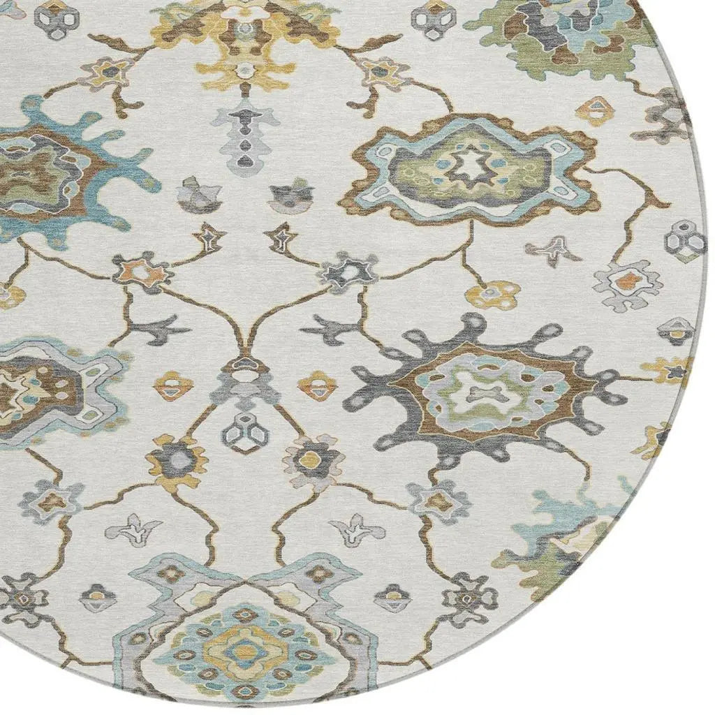 8' Ivory And Silver Round Oriental Washable Indoor Outdoor Area Rug Homeroots Outdoor