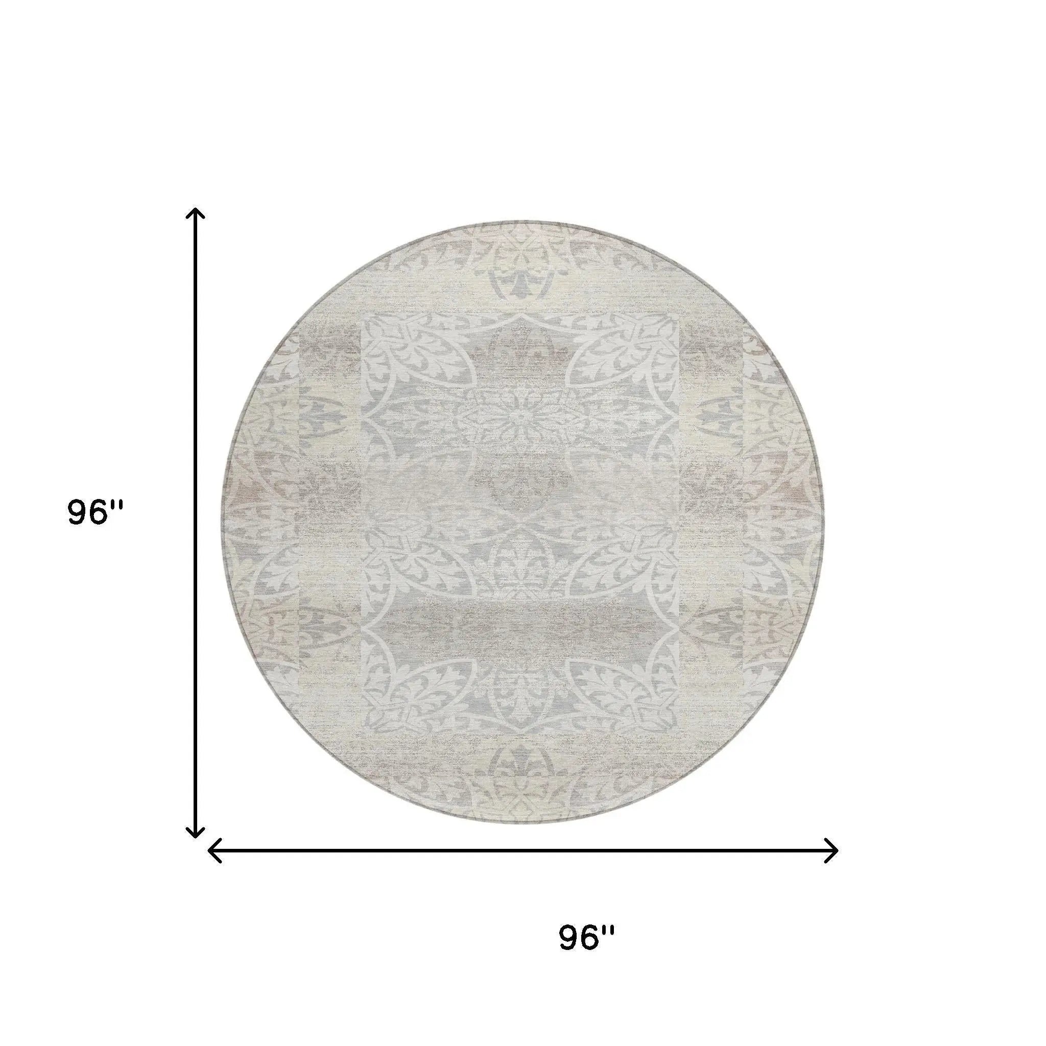 8' Ivory And Silver Round Oriental Washable Indoor Outdoor Area Rug Homeroots Outdoor