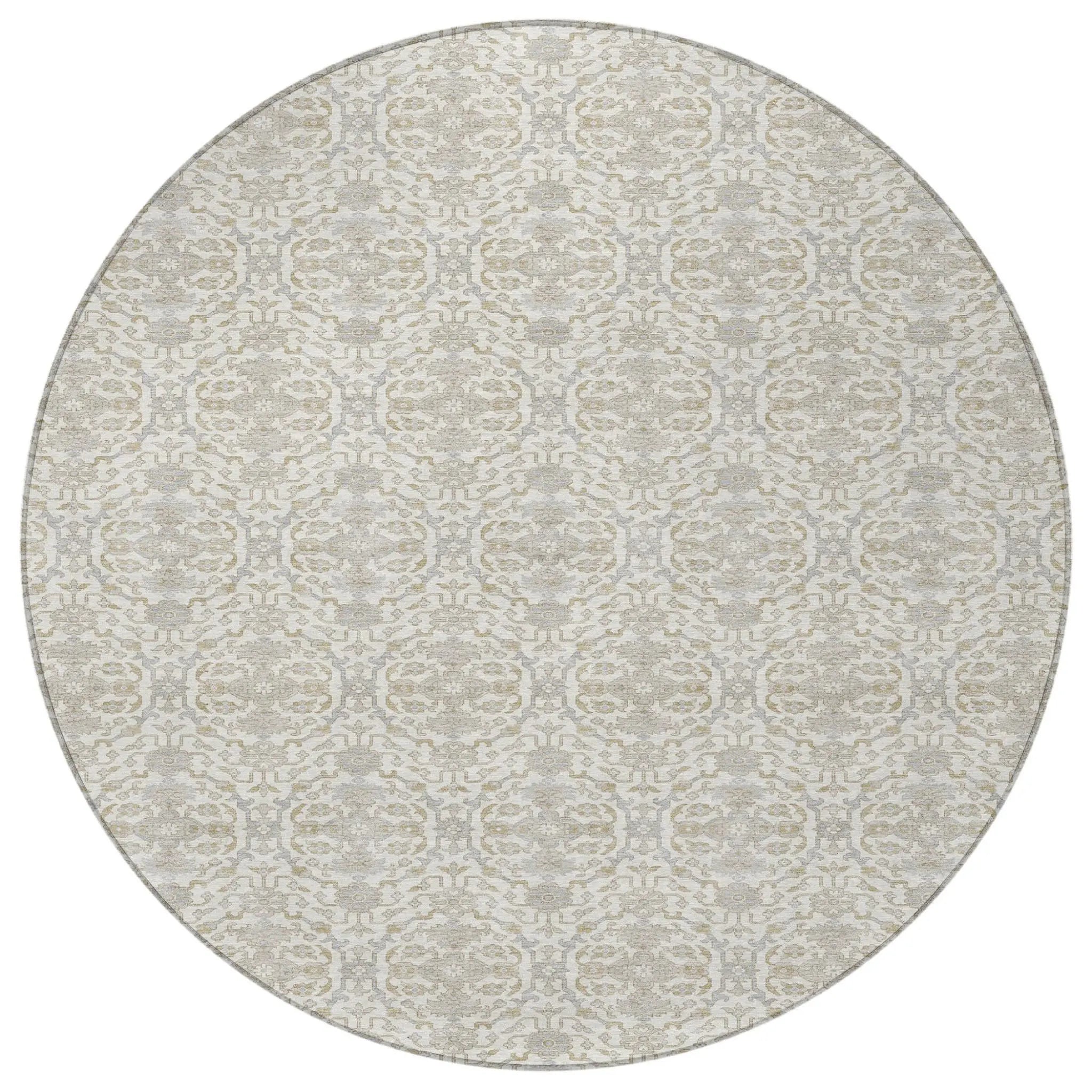 8' Ivory And Silver Round Oriental Washable Indoor Outdoor Area Rug Homeroots Outdoor