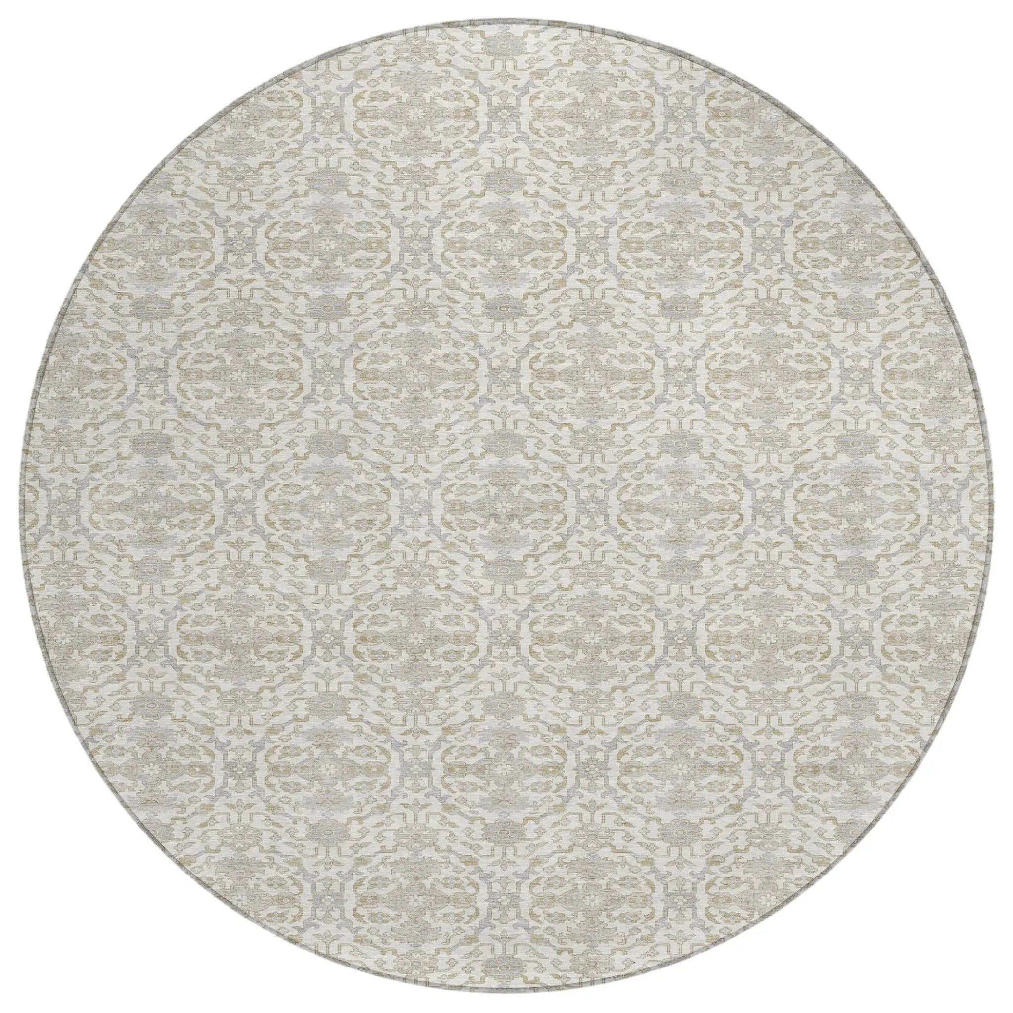 8' Ivory And Silver Round Oriental Washable Indoor Outdoor Area Rug Homeroots Outdoor