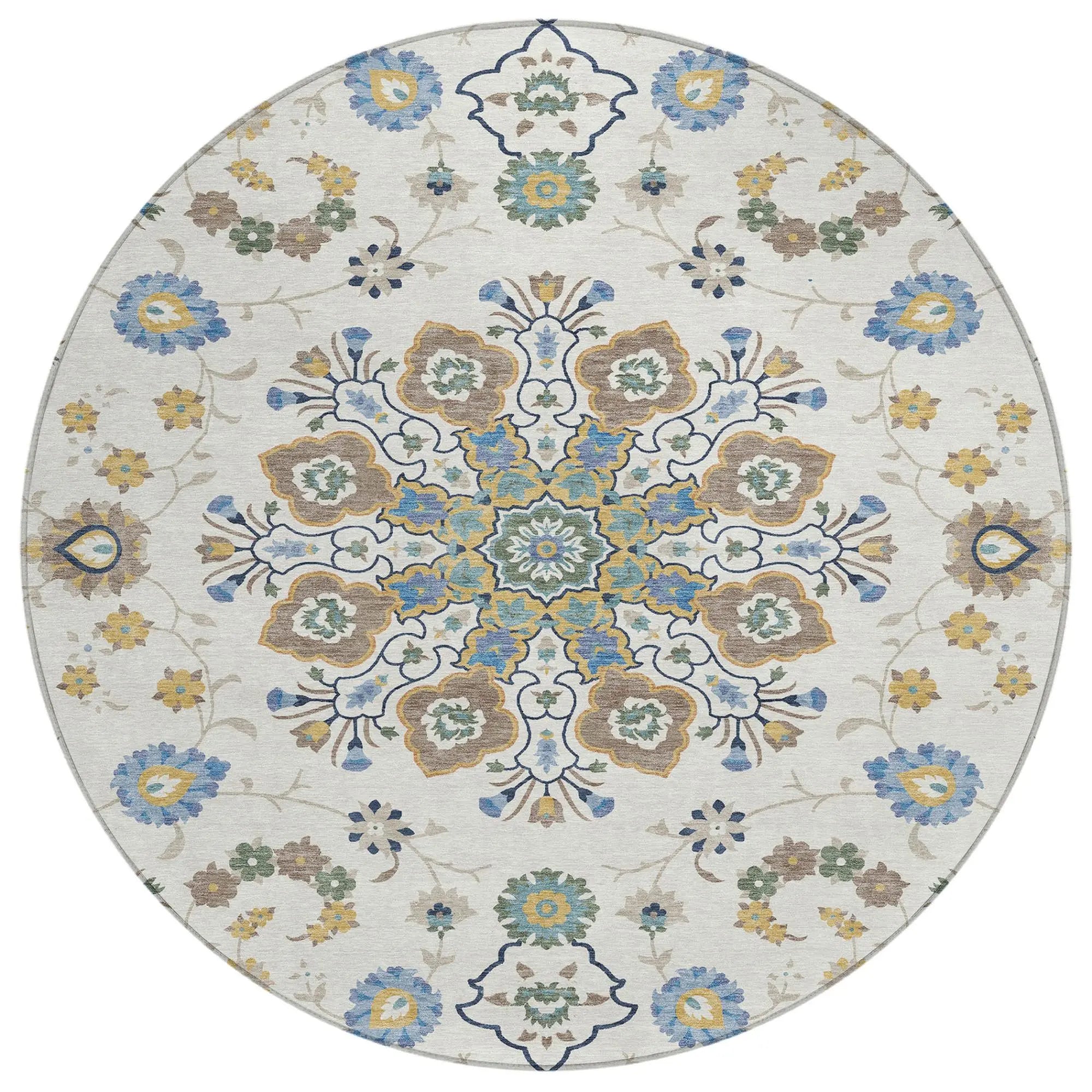 8' Ivory And Silver Round Oriental Washable Indoor Outdoor Area Rug Homeroots Outdoor