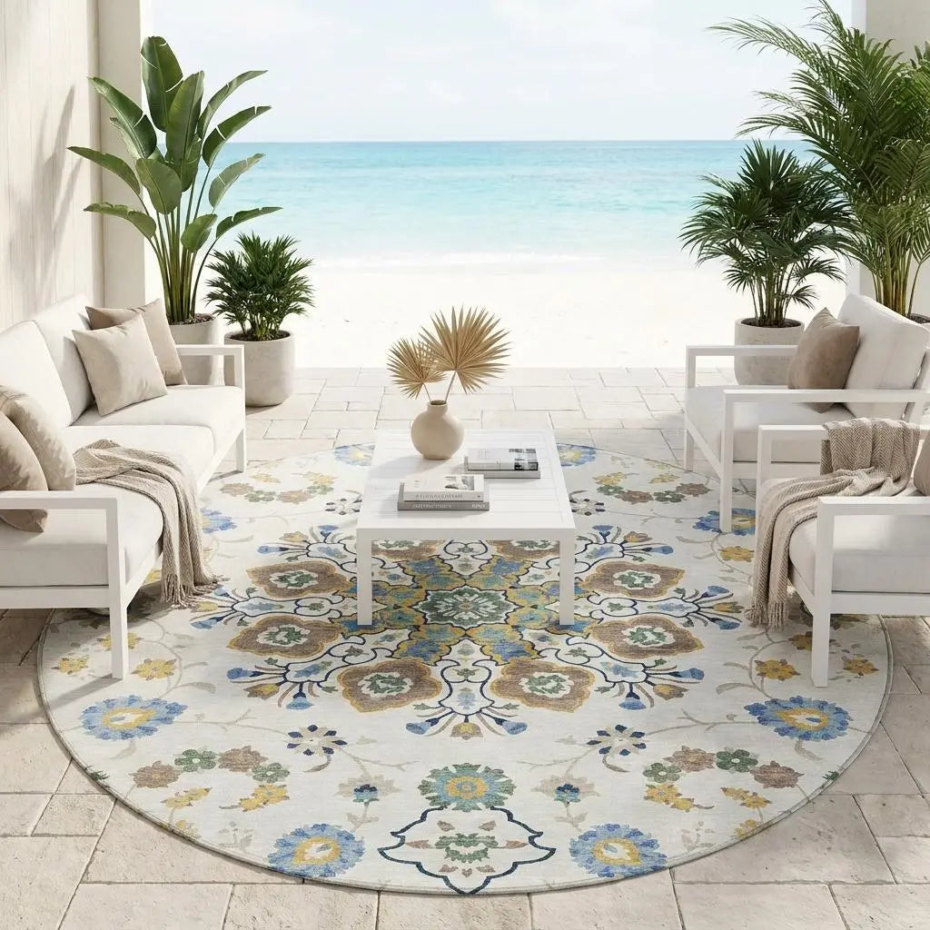 8' Ivory And Silver Round Oriental Washable Indoor Outdoor Area Rug Homeroots Outdoor