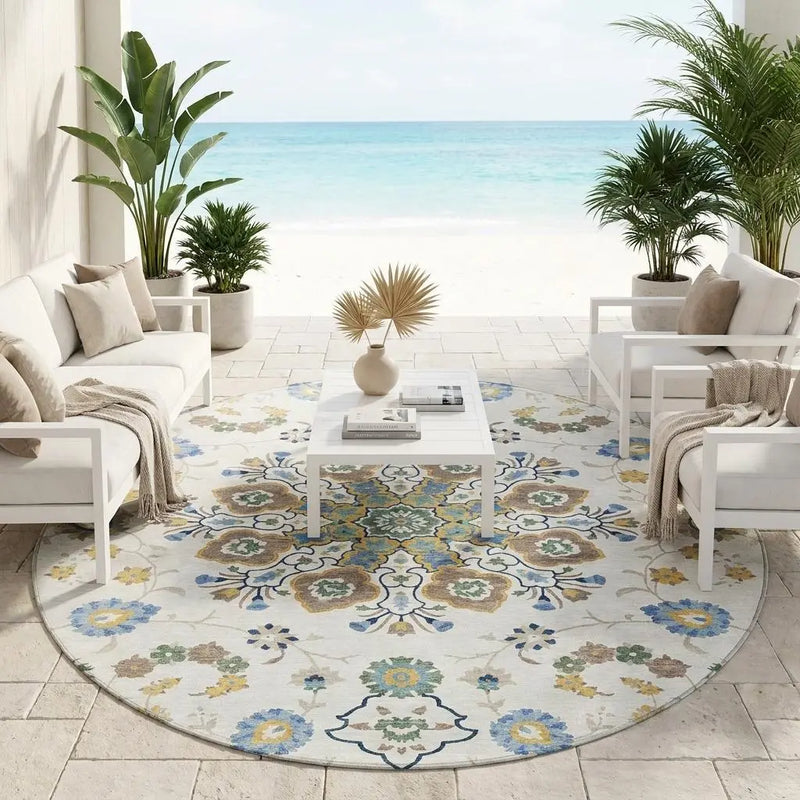 8' Ivory And Silver Round Oriental Washable Indoor Outdoor Area Rug Homeroots Outdoor