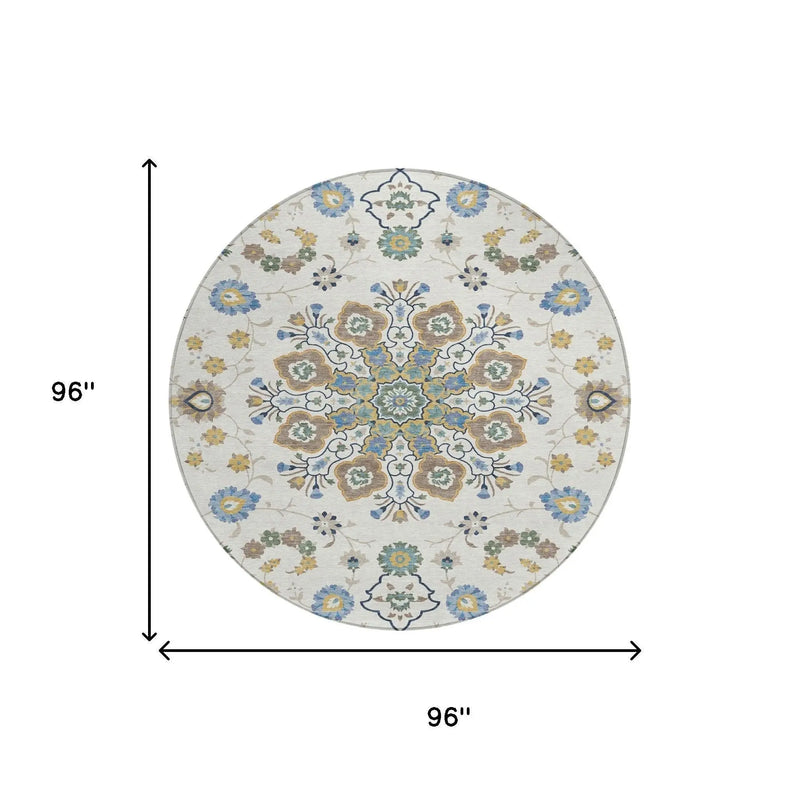 8' Ivory And Silver Round Oriental Washable Indoor Outdoor Area Rug Homeroots Outdoor