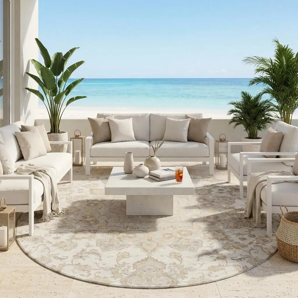 8' Ivory And Silver Round Oriental Washable Indoor Outdoor Area Rug Homeroots Outdoor