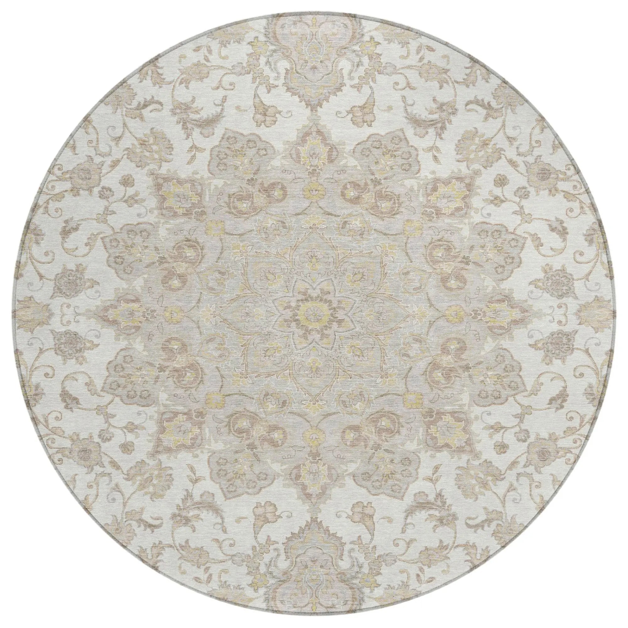 8' Ivory And Silver Round Oriental Washable Indoor Outdoor Area Rug Homeroots Outdoor