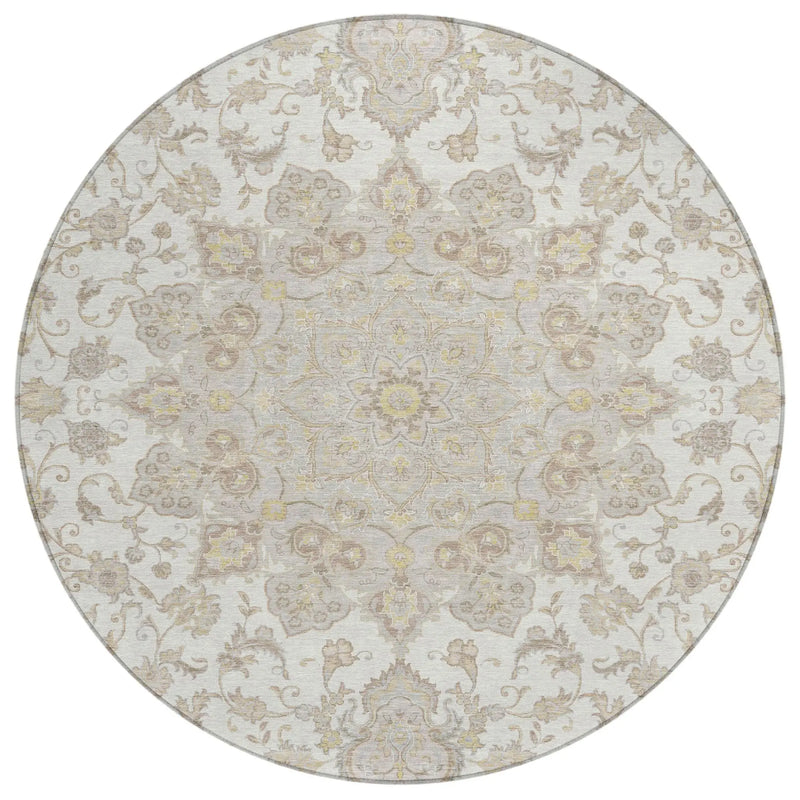8' Ivory And Silver Round Oriental Washable Indoor Outdoor Area Rug Homeroots Outdoor