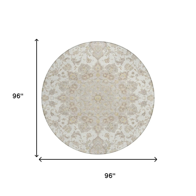 8' Ivory And Silver Round Oriental Washable Indoor Outdoor Area Rug Homeroots Outdoor