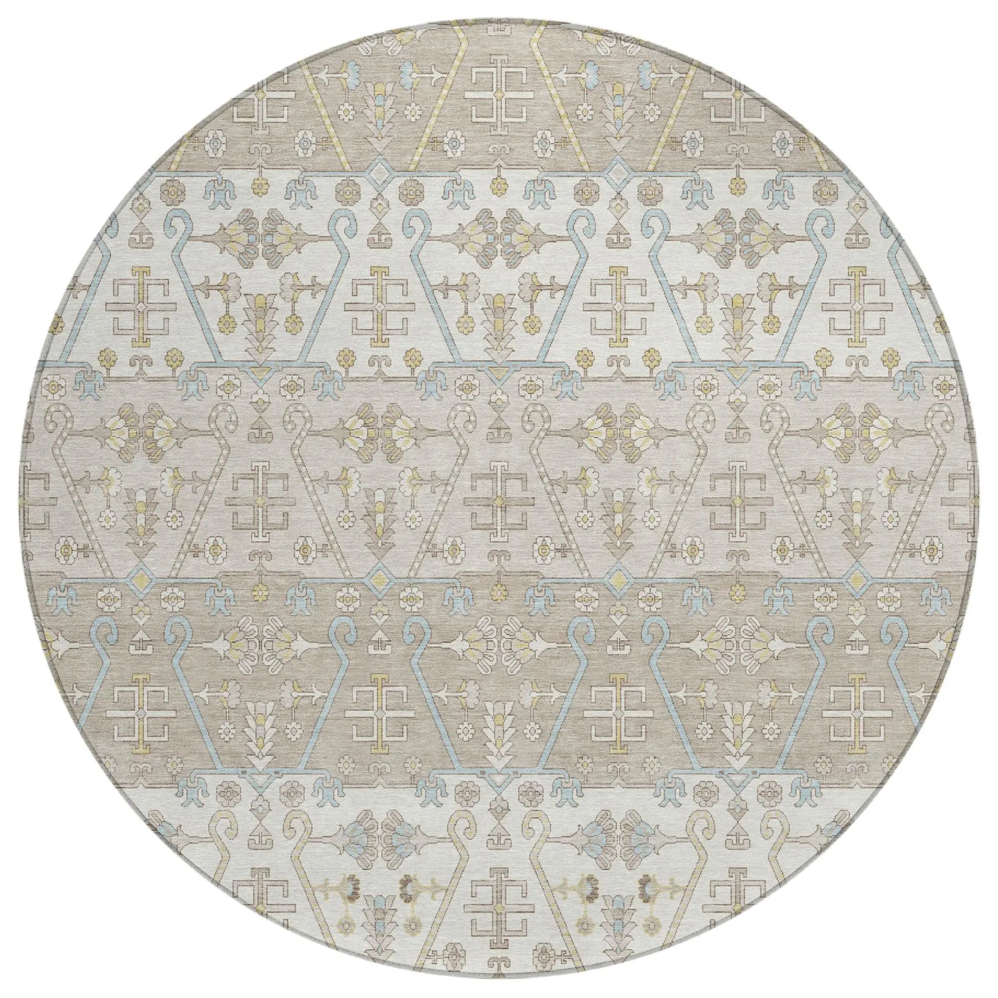 8' Ivory And Silver Round Oriental Washable Indoor Outdoor Area Rug Homeroots Outdoor