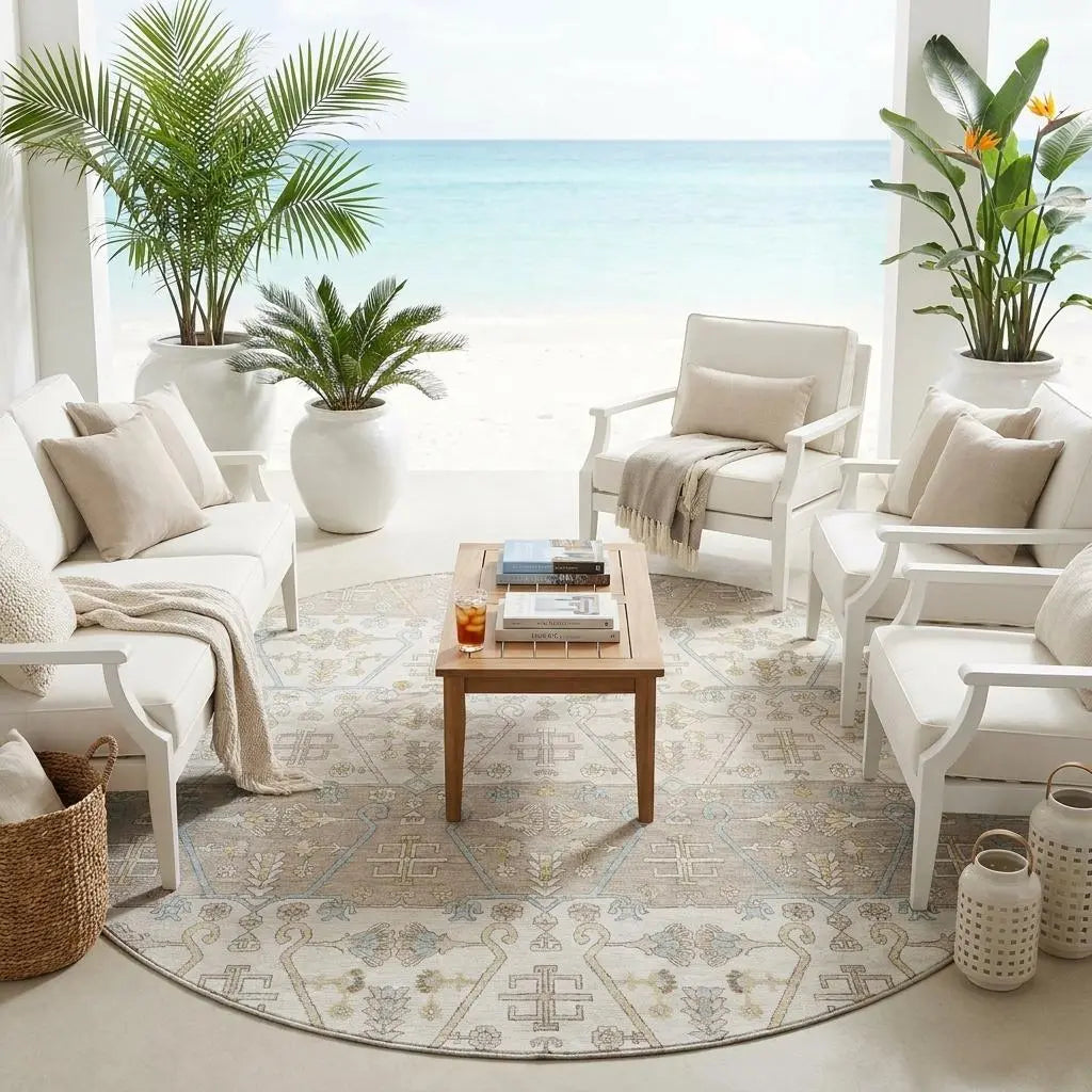 8' Ivory And Silver Round Oriental Washable Indoor Outdoor Area Rug Homeroots Outdoor