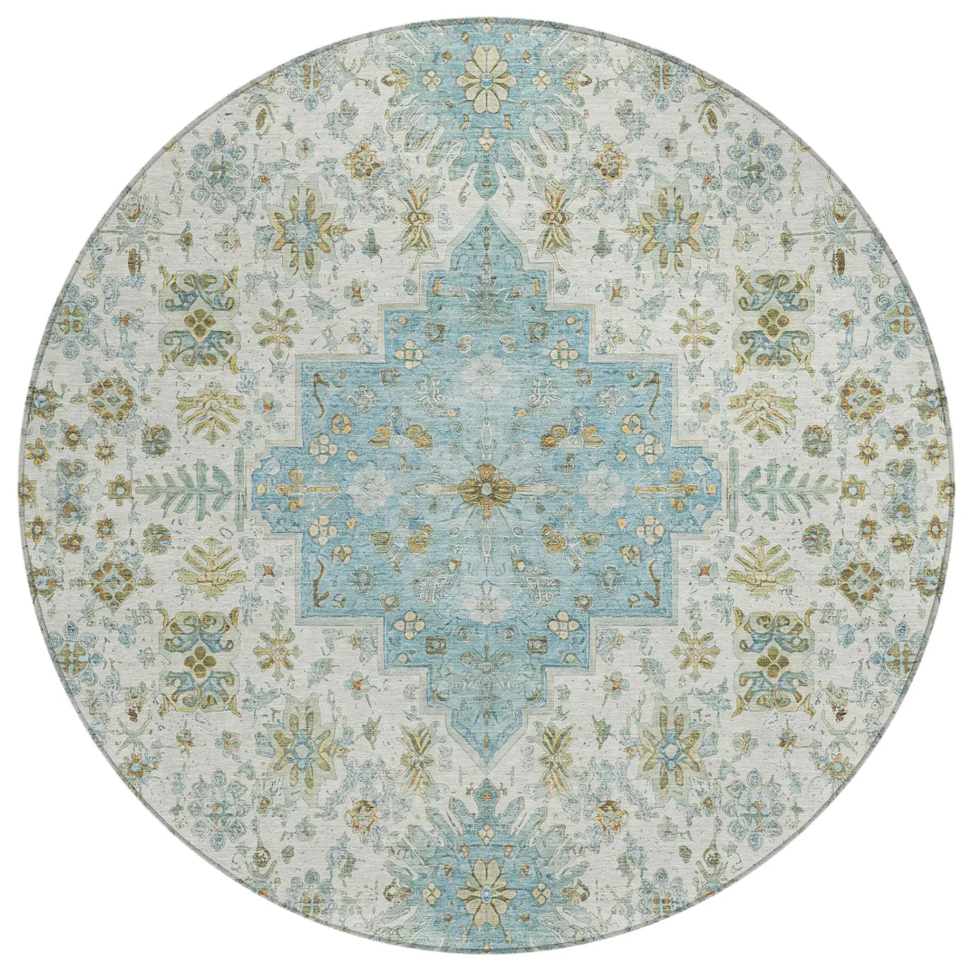 8' Ivory And Silver Round Oriental Washable Indoor Outdoor Area Rug Homeroots Outdoor