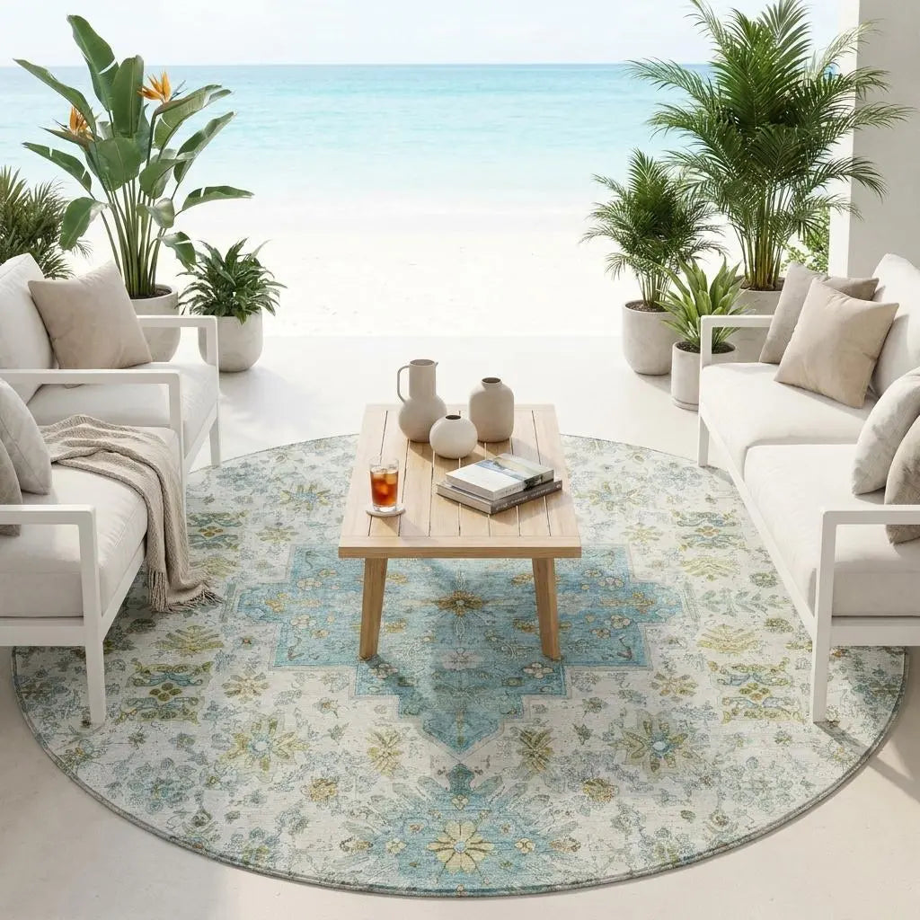 8' Ivory And Silver Round Oriental Washable Indoor Outdoor Area Rug Homeroots Outdoor