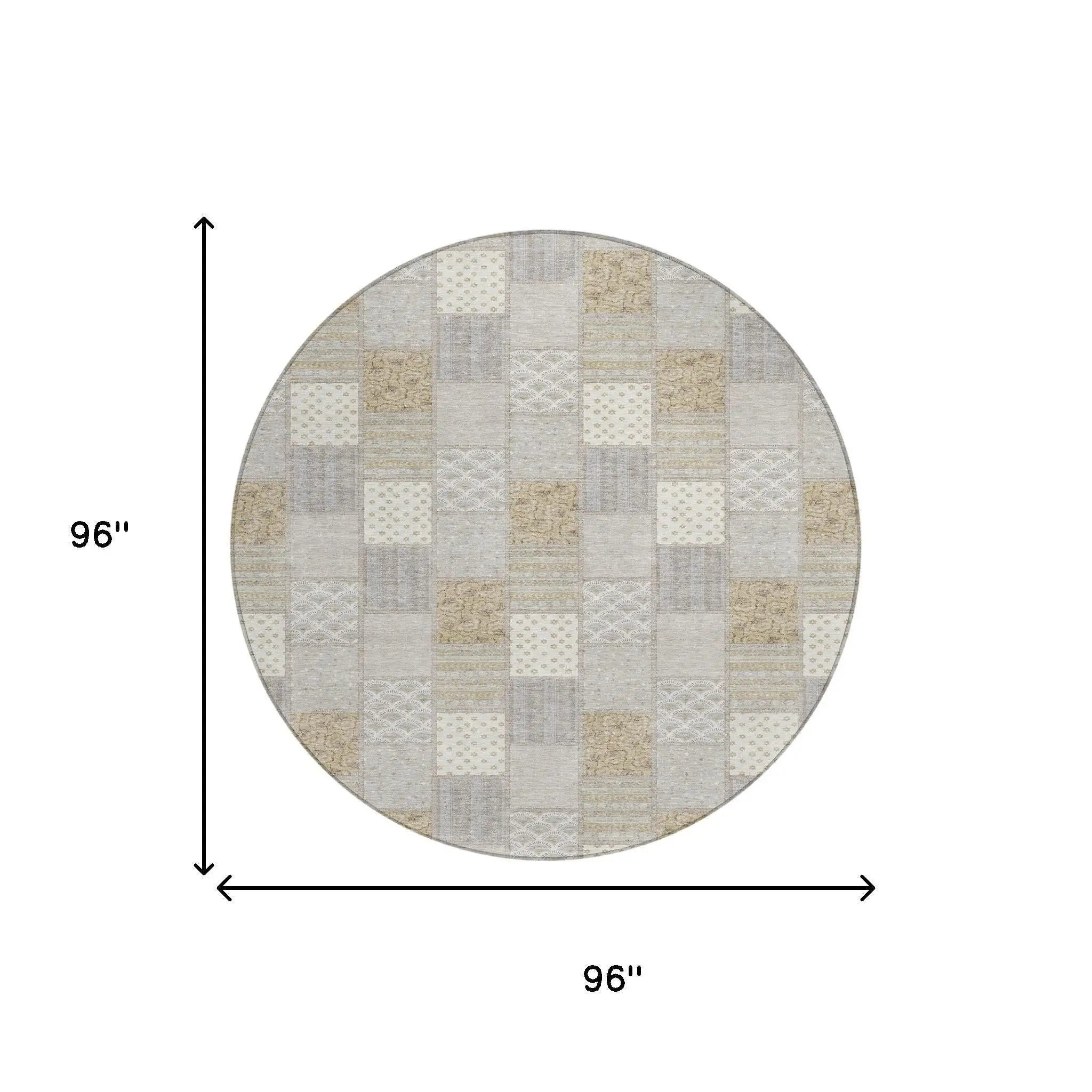 8' Ivory And Silver Round Patchwork Washable Indoor Outdoor Area Rug Homeroots Outdoor