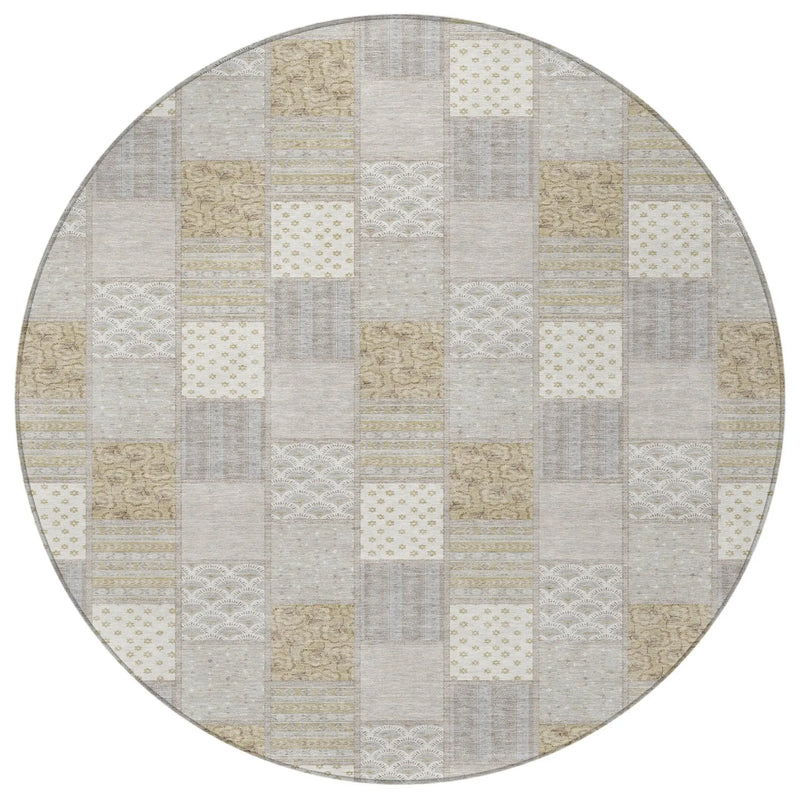 8' Ivory And Silver Round Patchwork Washable Indoor Outdoor Area Rug Homeroots Outdoor