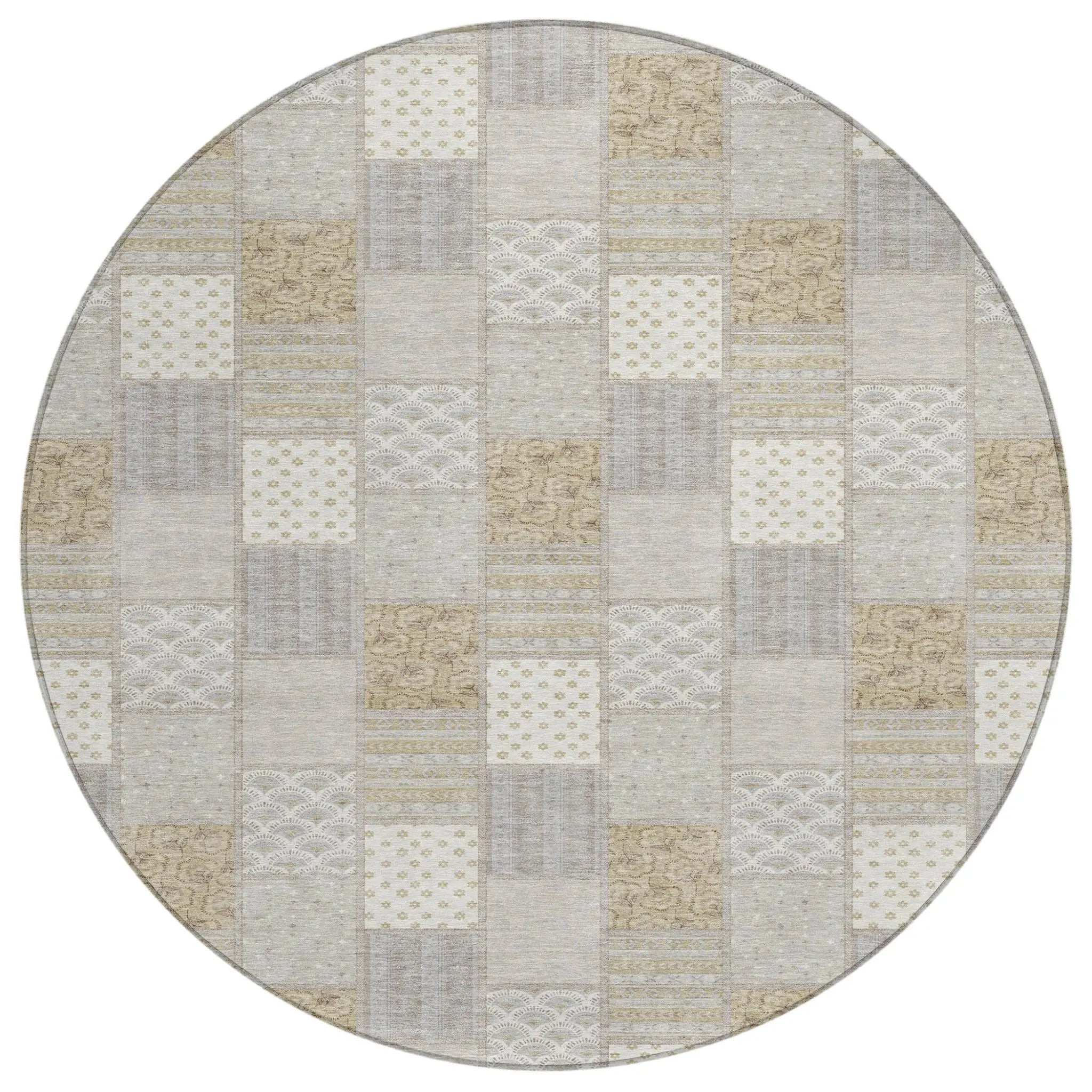 8' Ivory And Silver Round Patchwork Washable Indoor Outdoor Area Rug Homeroots Outdoor