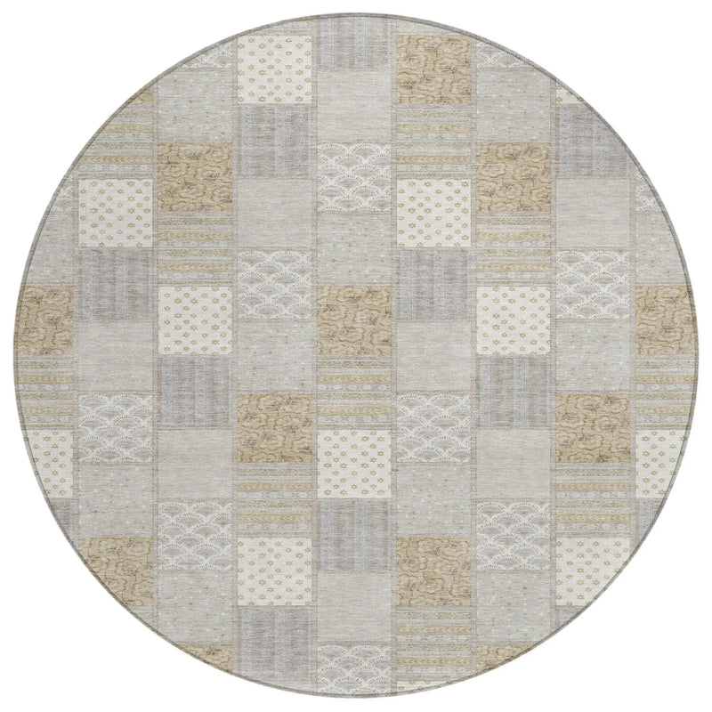8' Ivory And Silver Round Patchwork Washable Indoor Outdoor Area Rug Homeroots Outdoor