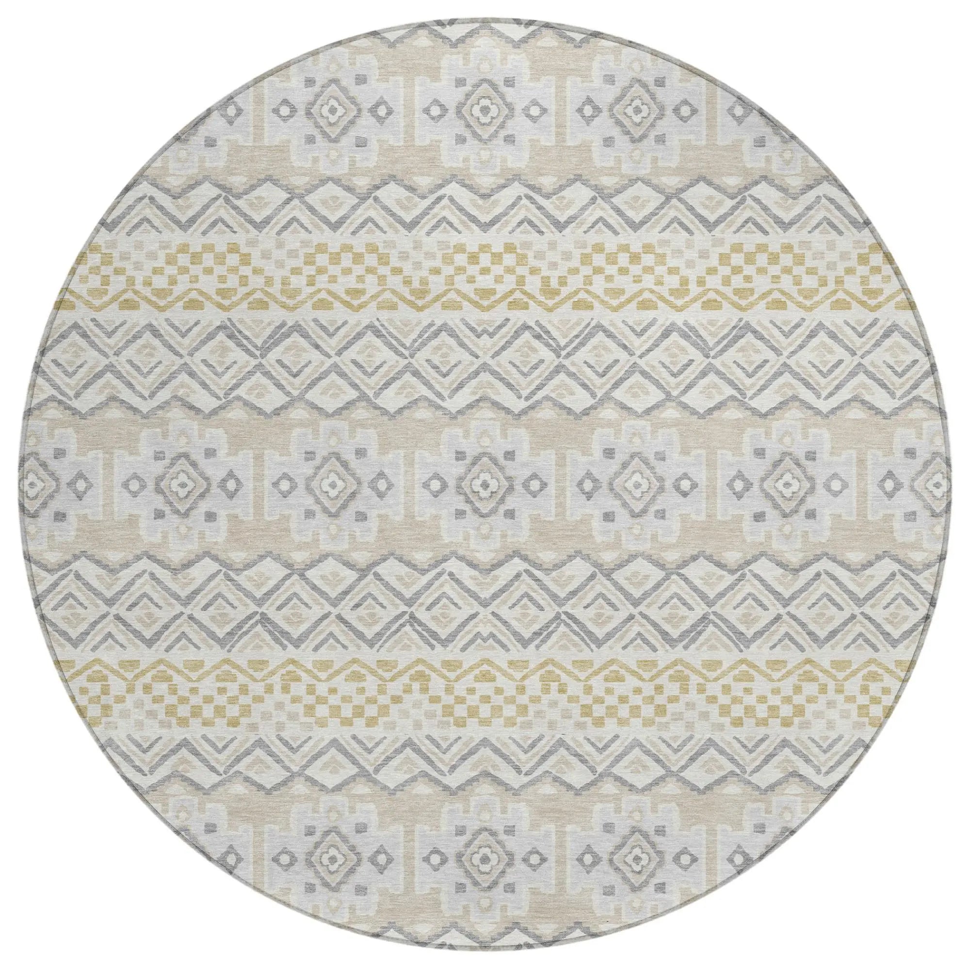 8' Ivory And Silver Round Striped Washable Indoor Outdoor Area Rug Homeroots Outdoor