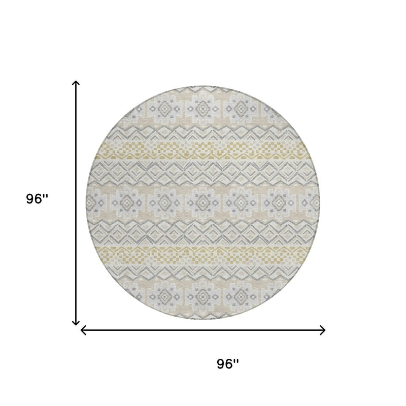 8' Ivory And Silver Round Striped Washable Indoor Outdoor Area Rug Homeroots Outdoor