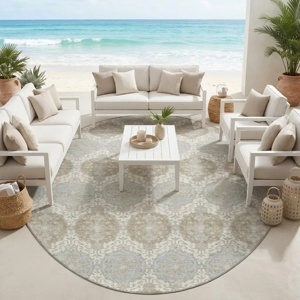 8' Ivory And Silver Round Striped Washable Indoor Outdoor Area Rug Homeroots Outdoor