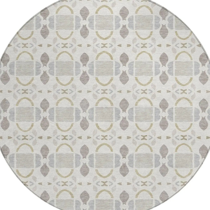8' Ivory And Silver Round Striped Washable Indoor Outdoor Area Rug Homeroots Outdoor
