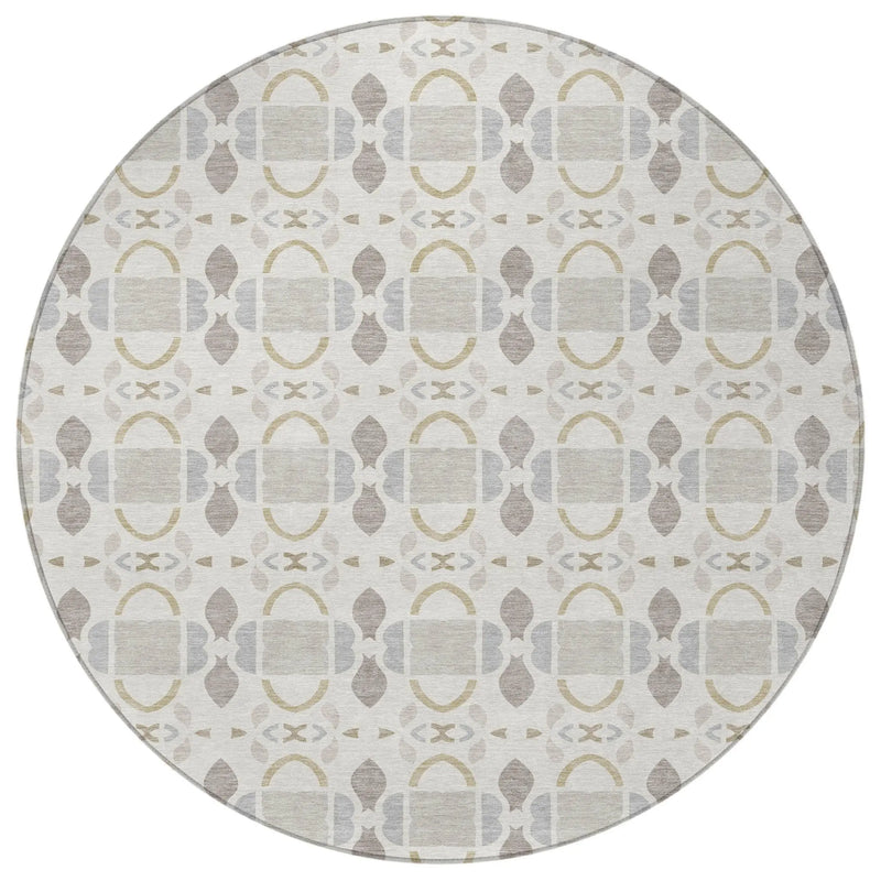 8' Ivory And Silver Round Striped Washable Indoor Outdoor Area Rug Homeroots Outdoor