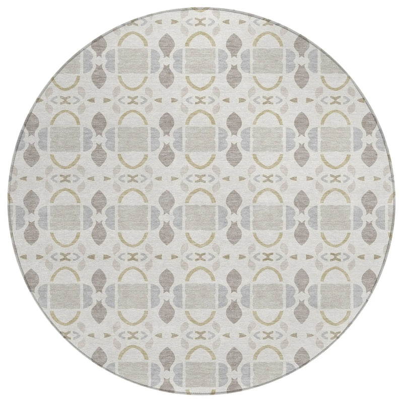 8' Ivory And Silver Round Striped Washable Indoor Outdoor Area Rug Homeroots Outdoor