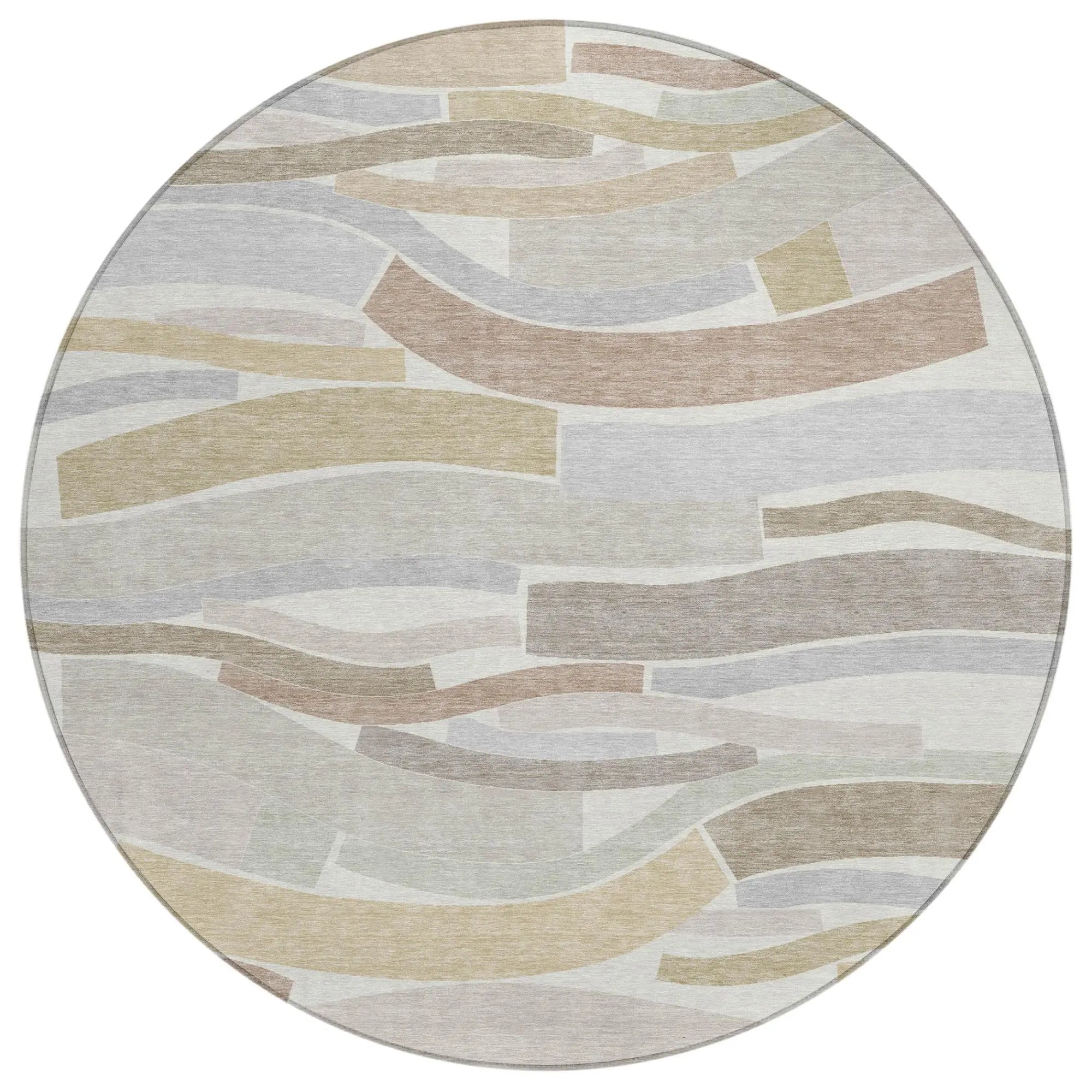 8' Ivory And Silver Round Striped Washable Indoor Outdoor Area Rug Homeroots Outdoor