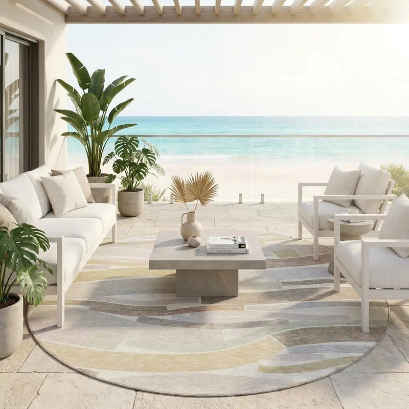 8' Ivory And Silver Round Striped Washable Indoor Outdoor Area Rug Homeroots Outdoor