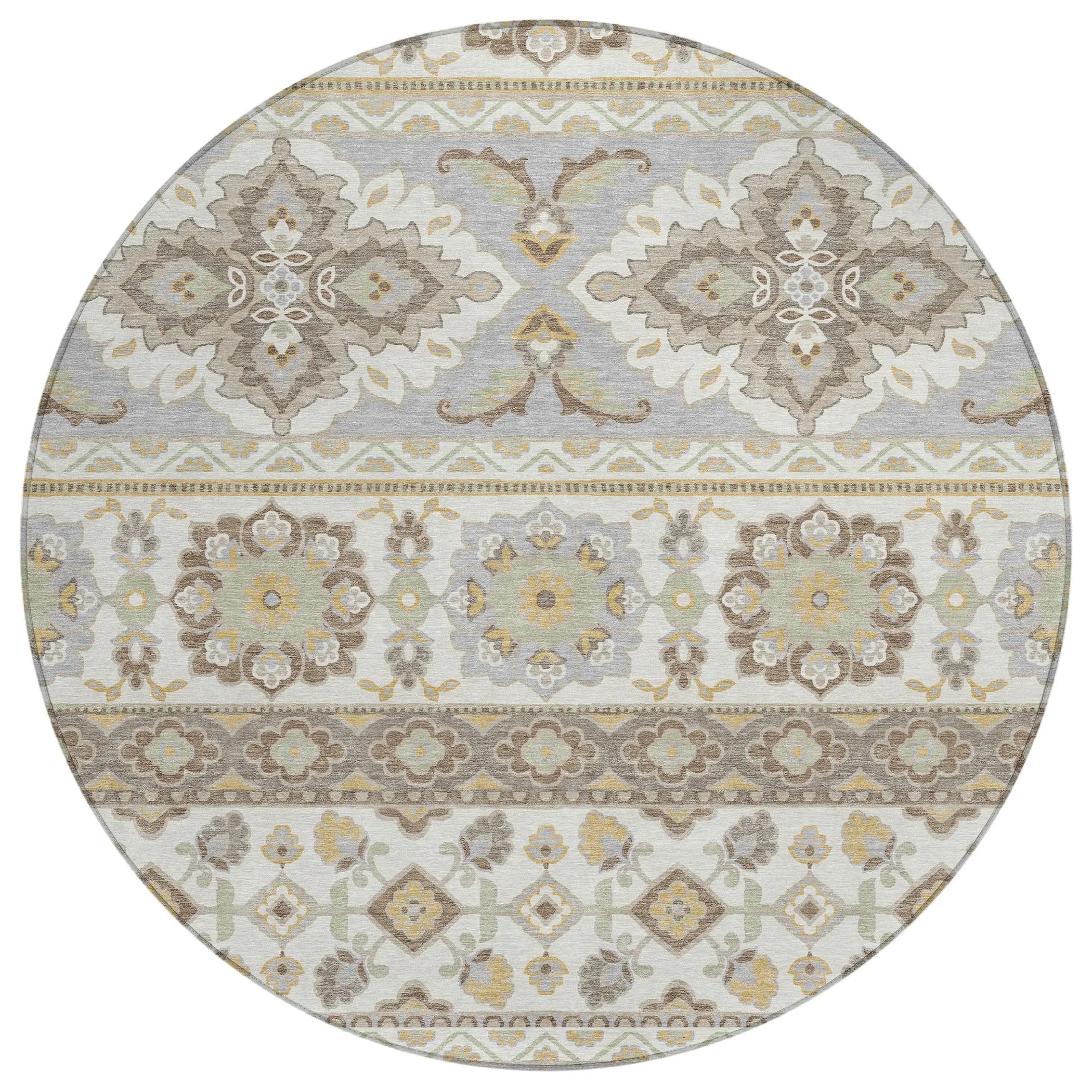 8' Ivory And Silver Round Tribal Washable Indoor Outdoor Area Rug Homeroots Outdoor