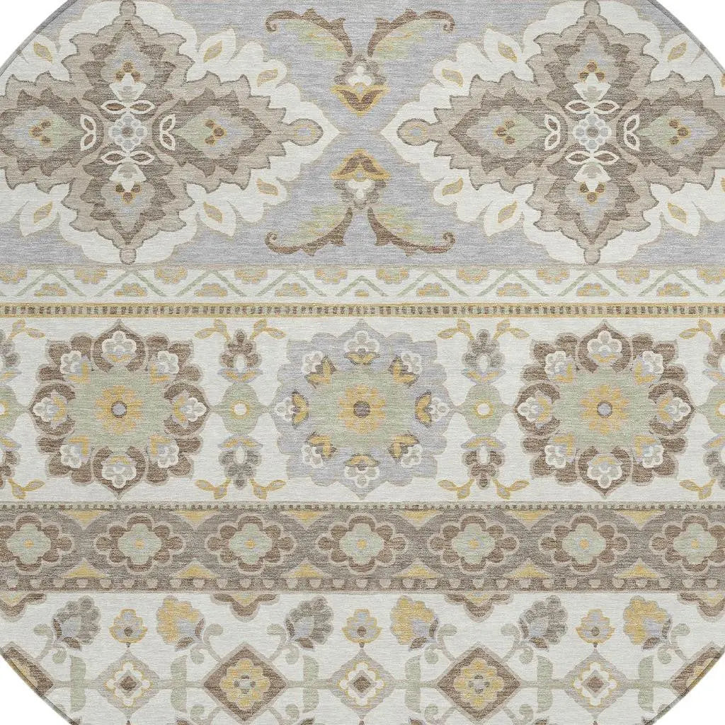 8' Ivory And Silver Round Tribal Washable Indoor Outdoor Area Rug Homeroots Outdoor