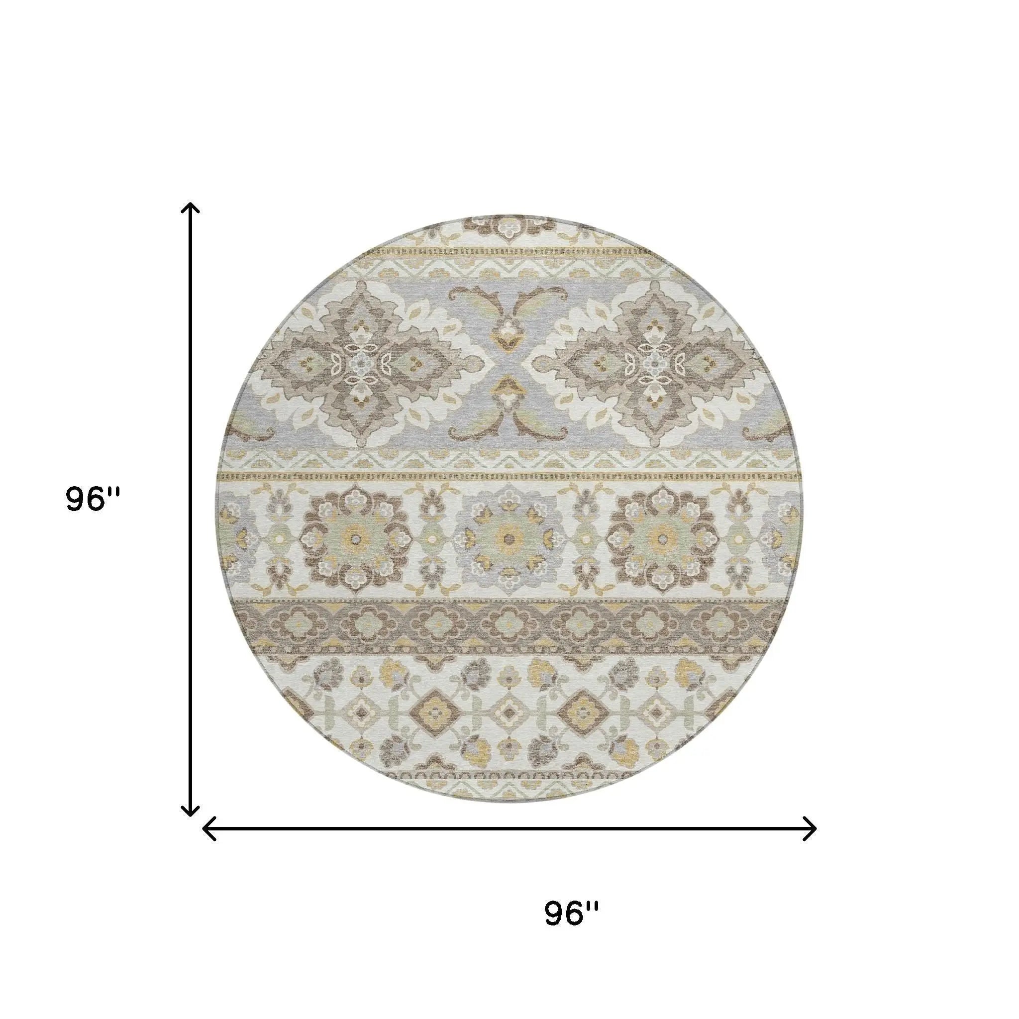 8' Ivory And Silver Round Tribal Washable Indoor Outdoor Area Rug Homeroots Outdoor